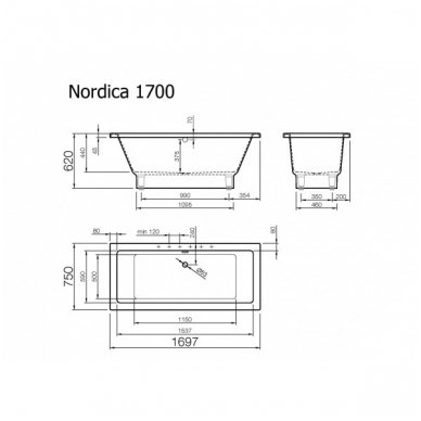Akmens masės vonia Vispool NORDICA 1697x750mm