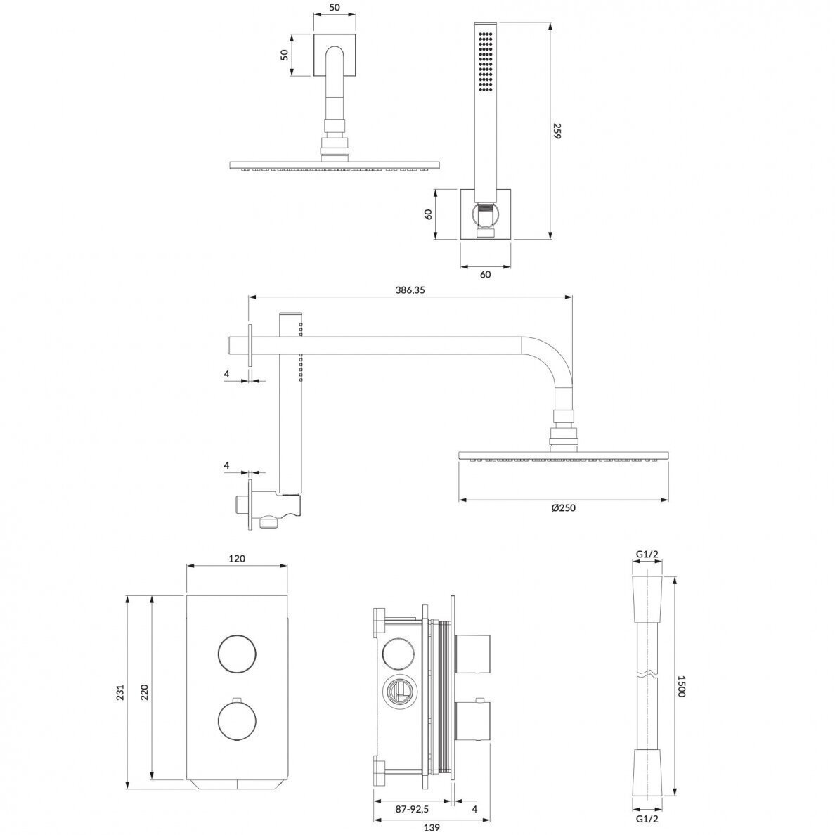 Antracito spalvos potinkinė termostatinė dušo sistema Omnires Contour SYSCT11AT 3 Antracito spalvos potinkinė termostatinė dušo sistema Omnires Contour SYSCT11AT 3