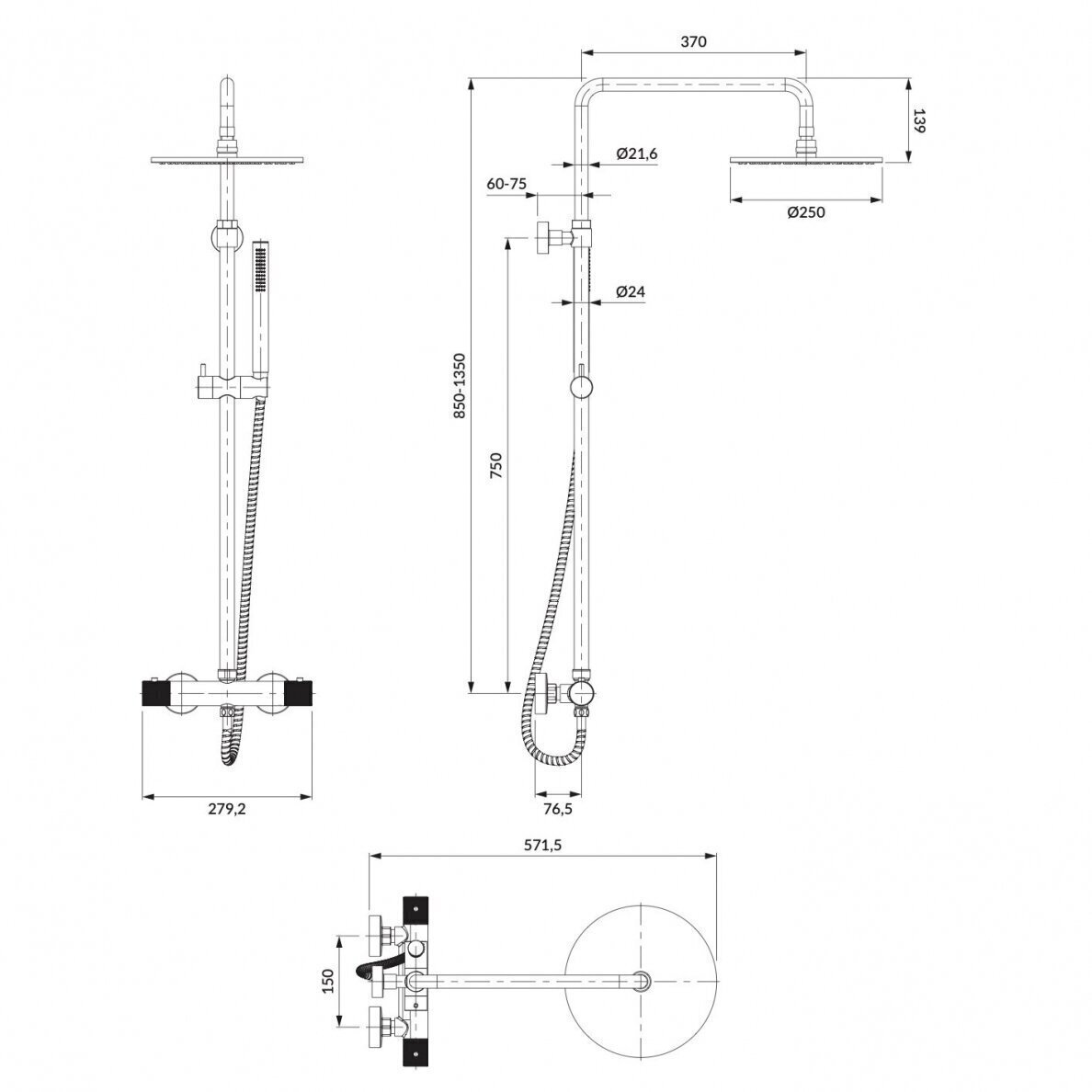 Antracito spalvos termostatinė dušo sistema Omnires Contour CT8044AT 1 Antracito spalvos termostatinė dušo sistema Omnires Contour CT8044AT 1