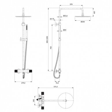 Antracito spalvos termostatinė dušo sistema Omnires Contour CT8044AT 1 Antracito spalvos termostatinė dušo sistema Omnires Contour CT8044AT 1