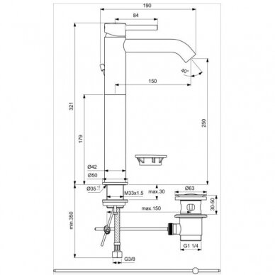 Aukštas maišytuvas praustuvui Ideal Standard Ceraline 2 Aukštas maišytuvas praustuvui Ideal Standard Ceraline 2
