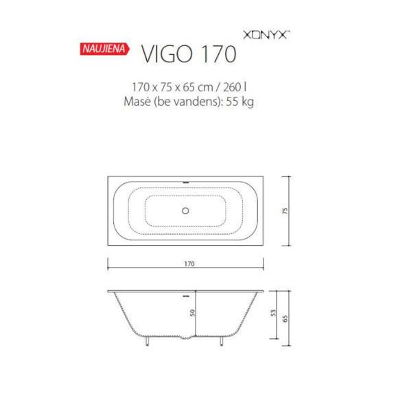 Balteco Xonyx akmens masės vonia VIGO 170x75 cm, baltos matinės spalvos 4