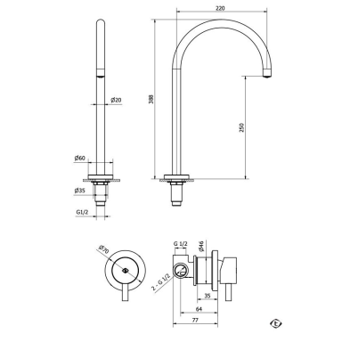 Bourbon metal spalvos maišytuvas su iš sienos valdoma rankenėle ir dugno vožtuvu Teorema Jabil 25/35 Bourbon metal spalvos maišytuvas su iš sienos valdoma rankenėle ir dugno vožtuvu Teorema Jabil 25/35