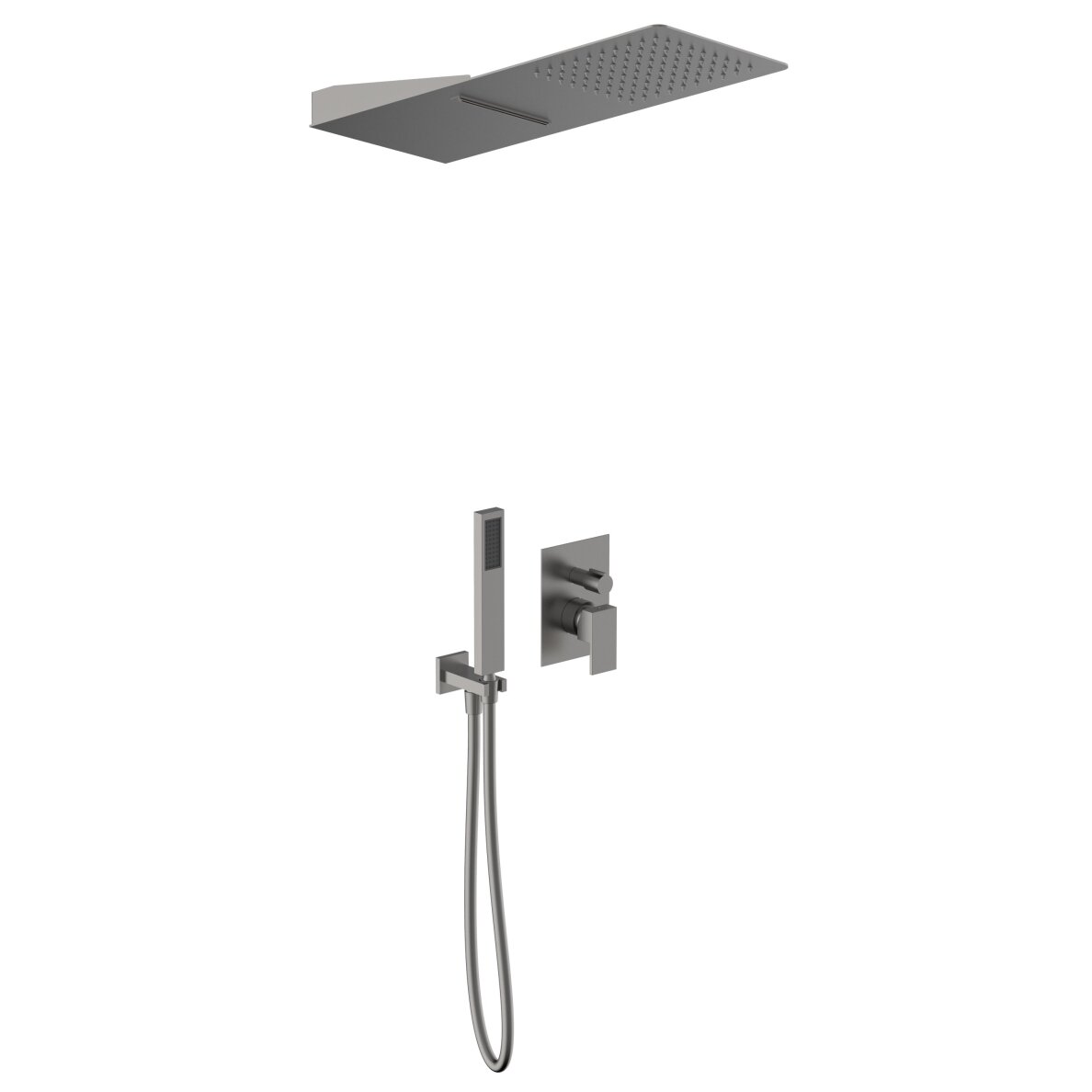 Brushed nickel spalvos potinkinė dušo sistema Teorema su kvadratine dušo galva Brushed nickel spalvos potinkinė dušo sistema Teorema su kvadratine dušo galva