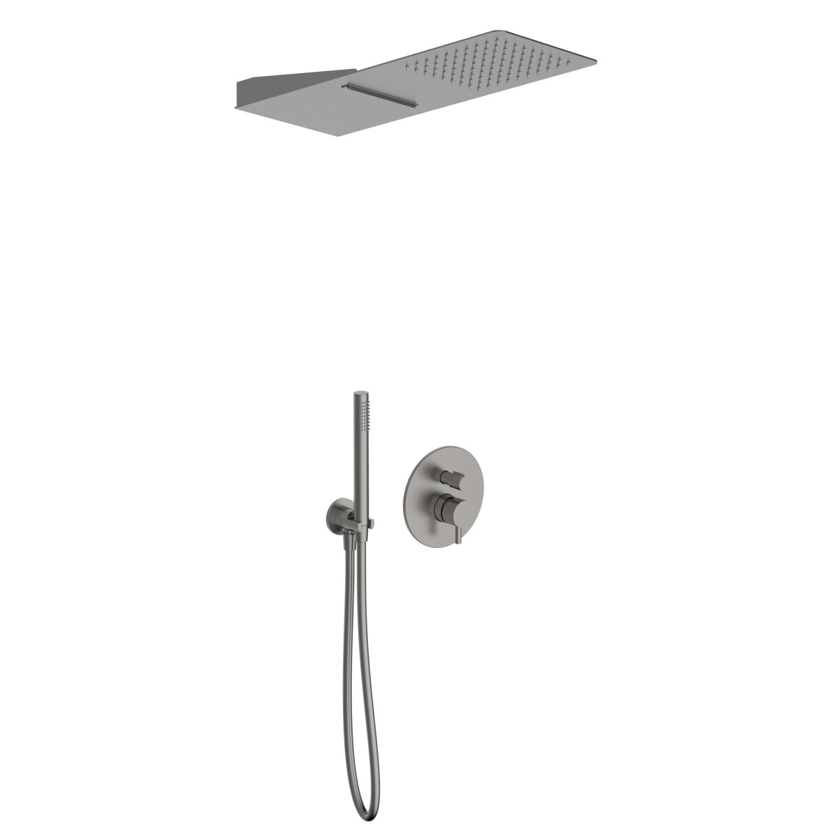 Brushed nickel spalvos potinkinė dušo sistema Teorema su kvadratine dušo galva
