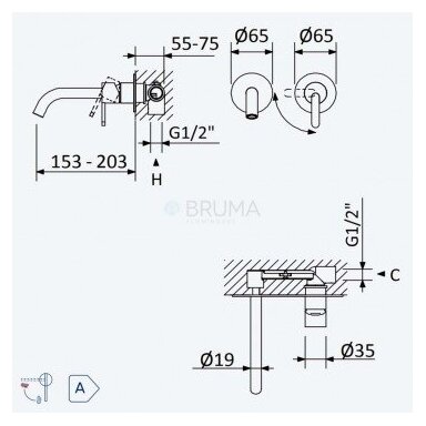 BRUMA X-Alpha dviejų dalių sieninis praustuvo maišytuvas BRUMA X-Alpha dviejų dalių sieninis praustuvo maišytuvas