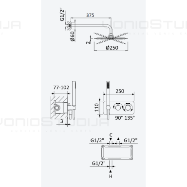 BRUMA X-Alpha potinkinė termostatinė dušo sistema su 250mm dušo galva iš sienos BRUMA X-Alpha potinkinė termostatinė dušo sistema su 250mm dušo galva iš sienos
