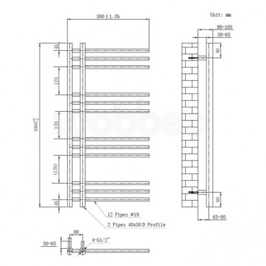 Braižyto aukso spalvos elektrinis rankšluosčių džiovintuvas WOBBEE GLASTON GOLD PVD 50x100 cm su paslėptu laidu 3