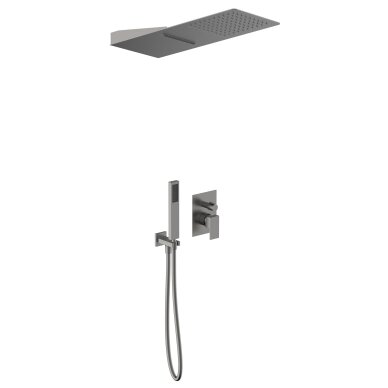 Brushed nickel spalvos potinkinė dušo sistema Teorema su kvadratine dušo galva Brushed nickel spalvos potinkinė dušo sistema Teorema su kvadratine dušo galva