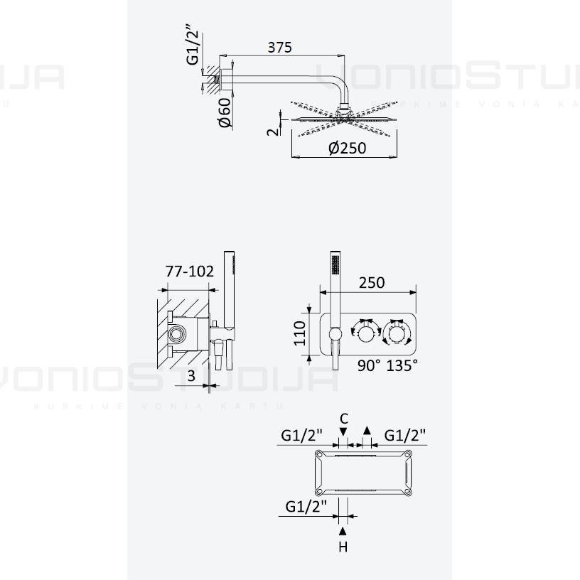 BRUMA X-Alpha potinkinė termostatinė dušo sistema su 250mm dušo galva iš sienos 1