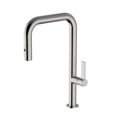 Brushed nickel spalvos U formos maišytuvas plautuvei su ištraukiama žarna Teorema