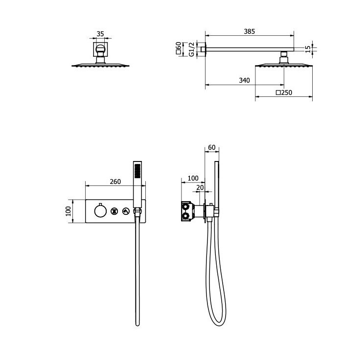 Brushed nickel spalvos potinkinė termostatinė dušo sistema Teorema su kvadratine dušo galva 1 Brushed nickel spalvos potinkinė termostatinė dušo sistema Teorema su kvadratine dušo galva 1