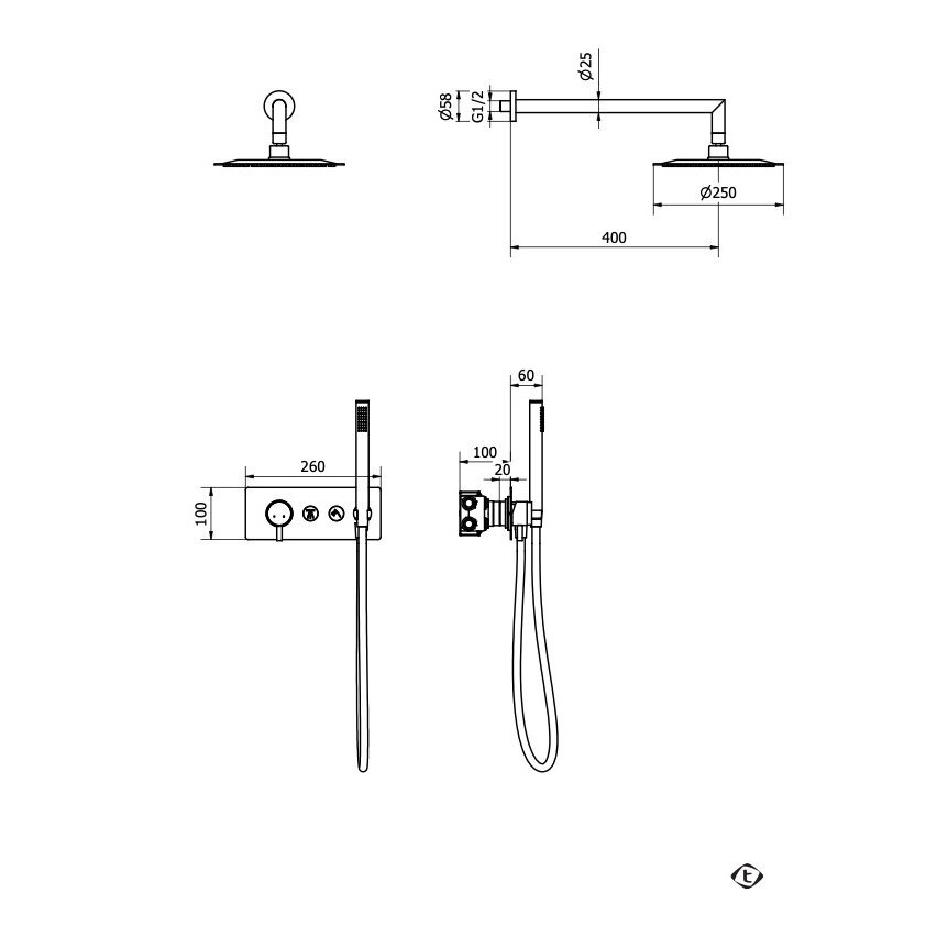 Chromo spalvos potinkinė dušo sistema Teorema su apvalia dušo galva 25 cm 1 Chromo spalvos potinkinė dušo sistema Teorema su apvalia dušo galva 25 cm 1
