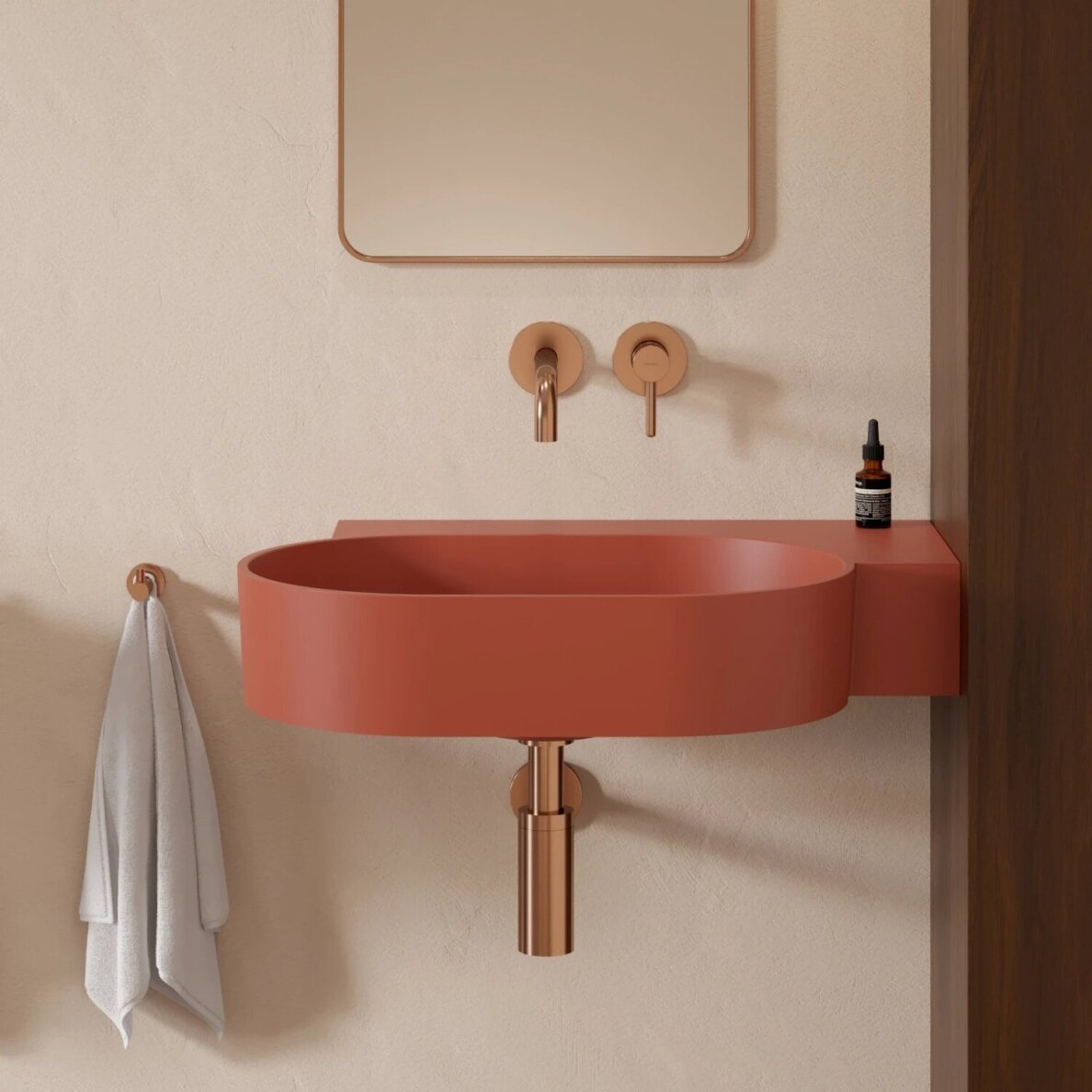 Matt terracotta spalvos pakabinamas/pastatomas ant stalviršio praustuvas Omnires OVO M+ 64 x 44 cm (dešinė) 4 Matt terracotta spalvos pakabinamas/pastatomas ant stalviršio praustuvas Omnires OVO M+ 64 x 44 cm (dešinė) 4