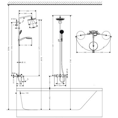 Virštinkinė dušo sistema su termostatu voniai Hansgrohe Croma 220 Virštinkinė dušo sistema su termostatu voniai Hansgrohe Croma 220