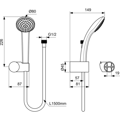 Dušo komplektas Ideal Standard IdealRain Soft S1. Komplekte: dušo galva 80mm, 1500mm žarna, laikiklis Dušo komplektas Ideal Standard IdealRain Soft S1. Komplekte: dušo galva 80mm, 1500mm žarna, laikiklis