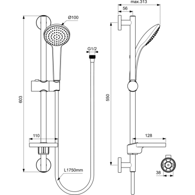 Dušo komplektas Ideal Standard IdealrainSoft. Komplekte: dušo galva 100mm, stovas 600mm, žarna 1750mm, muilinė skaidraus plastiko Dušo komplektas Ideal Standard IdealrainSoft. Komplekte: dušo galva 100mm, stovas 600mm, žarna 1750mm, muilinė skaidraus plastiko