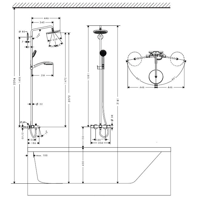 Virštinkinė dušo sistema su termostatu voniai Hansgrohe Croma 220 1 Virštinkinė dušo sistema su termostatu voniai Hansgrohe Croma 220 1