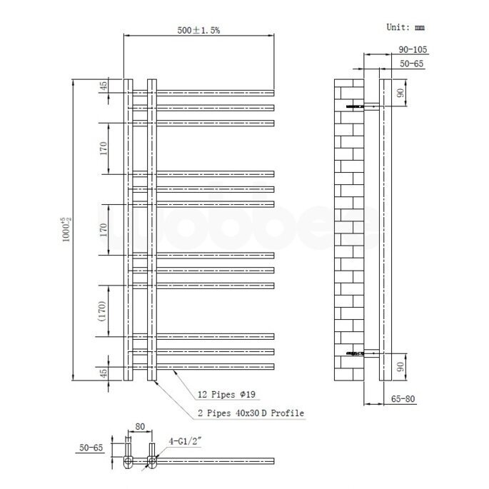 Elektrinis rankšluosčių džiovintuvas WOBBEE GLASTON BRUSHED NICKEL PVD 50x100cm braižyto nikelio spalvos dešininis su tenu paslėptu montavimu 2