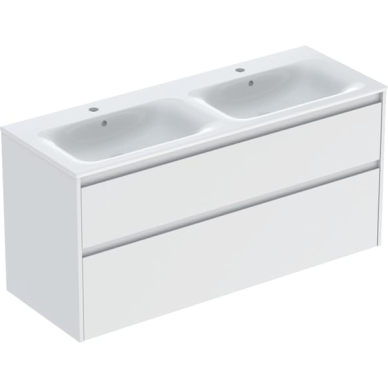 Geberit Selnova Square plonos konstrukcijos dvigubo baldinio praustuvo rinkinys su apatine spintele, dviejų stalčių, 130cm, pasirenkama spalva
