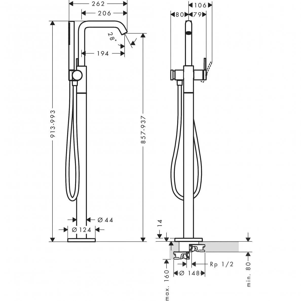 Grindinis vonios maišytuvas su rankiniu dušu Hansgrohe Tecturis S, chromo 1 Grindinis vonios maišytuvas su rankiniu dušu Hansgrohe Tecturis S, chromo 1