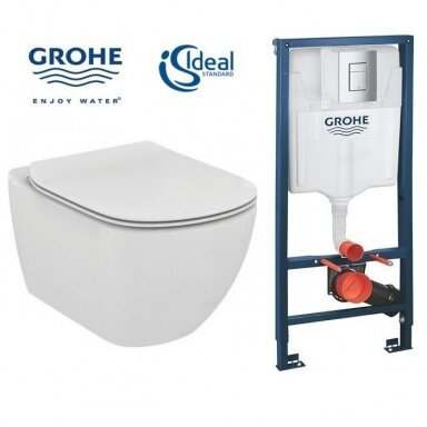Grohe 3 in 1 potinkinio unitazo rėmo ir Ideal Standard TESI Aquablade unitazo komplektas Grohe 3 in 1 potinkinio unitazo rėmo ir Ideal Standard TESI Aquablade unitazo komplektas