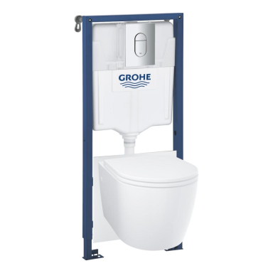 GROHE (5in1) potinkinio WC rėmo Rapid SL su chromuotu mygtuku Arena Cosmopolitan ir unitazo Bau Ceramic su lėtai nusileidžiančiu dangčiu komplektas GROHE (5in1) potinkinio WC rėmo Rapid SL su chromuotu mygtuku Arena Cosmopolitan ir unitazo Bau Ceramic su lėtai nusileidžiančiu dangčiu komplektas