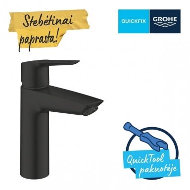 GROHE Start QuickFix maišytuvas praustuvui su "push-open" dugno vožtuvu, M-dydis, juodas matinis GROHE Start QuickFix maišytuvas praustuvui su "push-open" dugno vožtuvu, M-dydis, juodas matinis