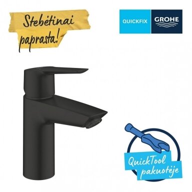 GROHE Start QuickFix maišytuvas praustuvui su "push-open" dugno vožtuvu, S-dydis, taupantis vandenį, juodas matinis GROHE Start QuickFix maišytuvas praustuvui su "push-open" dugno vožtuvu, S-dydis, taupantis vandenį, juodas matinis