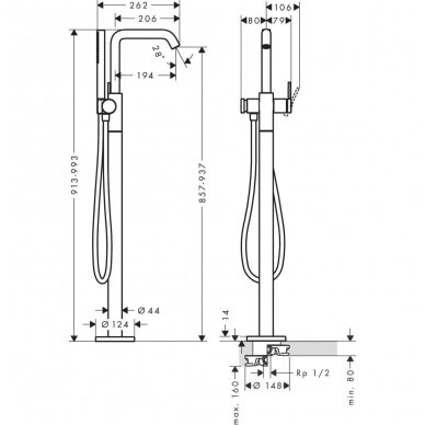 Grindinis vonios maišytuvas su rankiniu dušu Hansgrohe Tecturis S, chromo 1