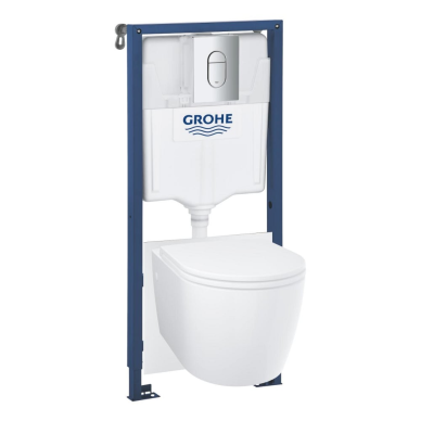 GROHE (5in1) potinkinio WC rėmo Rapid SL su chromuotu mygtuku Arena Cosmopolitan ir unitazo Bau Ceramic su lėtai nusileidžiančiu dangčiu komplektas