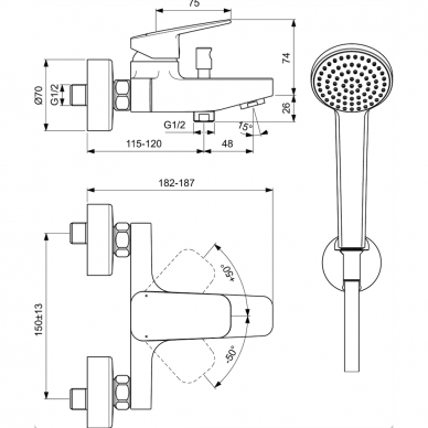 Ideal Standard Ceraplan virštinkinis vonios maišytuvas su dušo žarna 1500 mm, rankine dušo galva ir laikikliu - BD258AA 4
