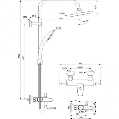 Ideal Standard Ceratherm T25 vonios ir dušo sistema su termostatiniu maišytuvu - A7590AA 1