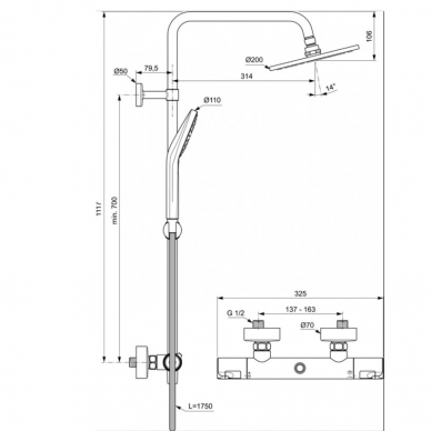 Ideal Standard Ceratherm T50 dušo sistema su virštinkiniu termostatiniu maišytuvu - A7225AA