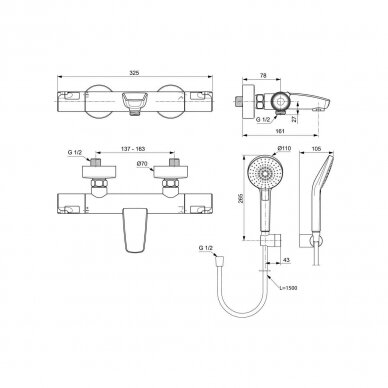 Ideal Standard Ceratherm T50 termostatinis vonios ir dušo maišytuvas su laikikliu ir rankine Evo dušo galva, chromas -A7696AA 3