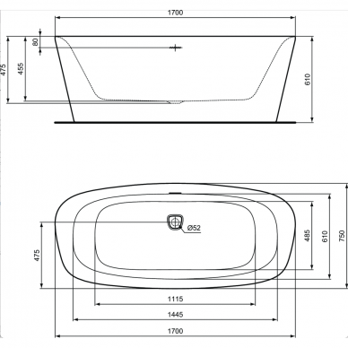 Ideal Standard Dea Duo laisvai pastatoma akrilinė vonia   170x75 cm su Click-Clack nuotekų vožtuvu 4