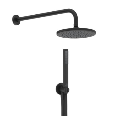 Ideal Standard potinkinis dušo komplektas: apvali dušo galva 200mm, 400mm alkūnė, rankinis dušelis, pajungimas su laikikliu, spalva - juoda matinė Ideal Standard potinkinis dušo komplektas: apvali dušo galva 200mm, 400mm alkūnė, rankinis dušelis, pajungimas su laikikliu, spalva - juoda matinė