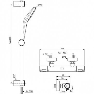 Ideal Standard termostatinis dušo maišytuvas Ceratherm T50 su rankiniu dušu ir dušo žarna - A7217AA 5