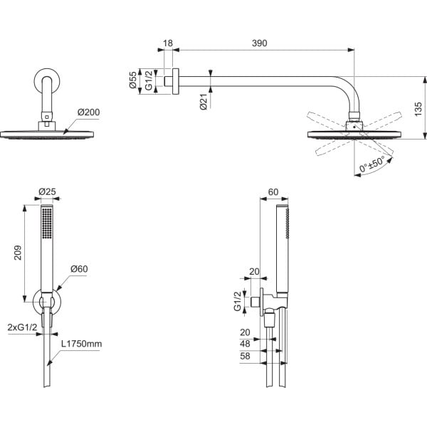 Ideal Standard potinkinis dušo komplektas: apvali dušo galva 200mm, 400mm alkūnė, rankinis dušelis, pajungimas su laikikliu, spalva - chromo 1 Ideal Standard potinkinis dušo komplektas: apvali dušo galva 200mm, 400mm alkūnė, rankinis dušelis, pajungimas su laikikliu, spalva - chromo 1