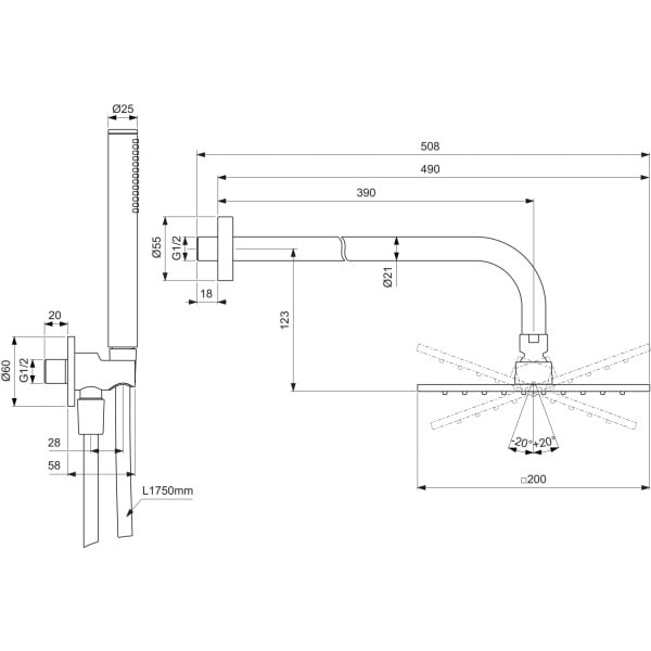 Ideal Standard potinkinis dušo komplektas: galva 200x200mm, 400mm alkūnė, rankinis dušelis, pajungimas su laikikliu, spalva - chromo 1 Ideal Standard potinkinis dušo komplektas: galva 200x200mm, 400mm alkūnė, rankinis dušelis, pajungimas su laikikliu, spalva - chromo 1