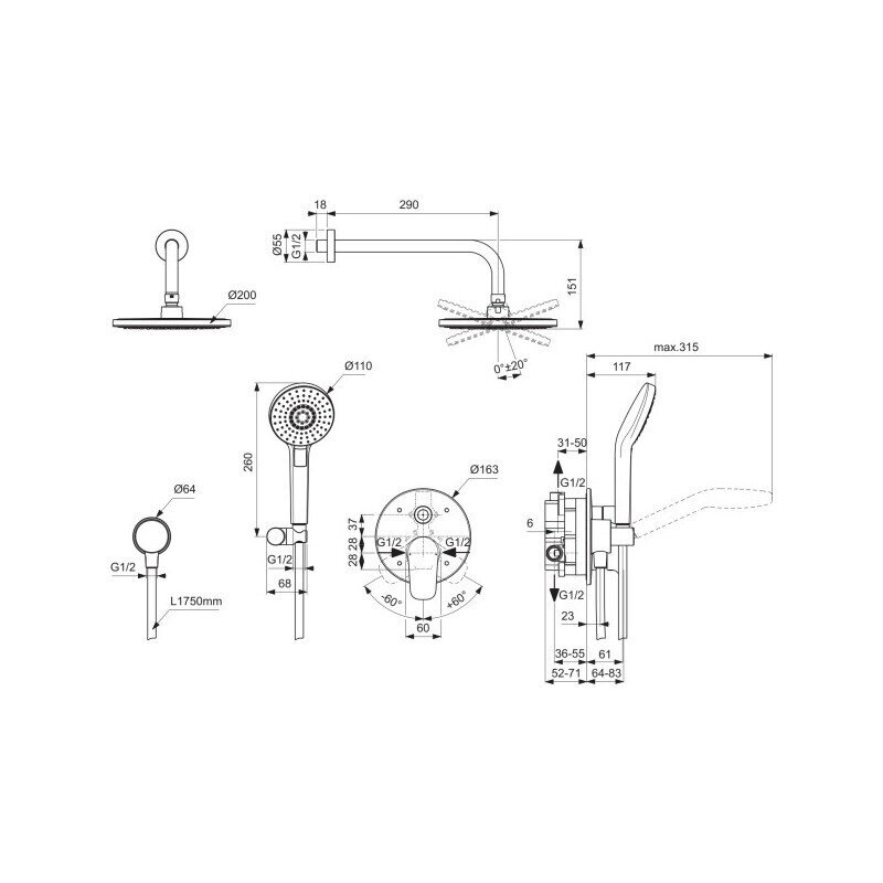 Ideal Standard Ceraflex potinkinė dušo sistema, chromo spalva 6 Ideal Standard Ceraflex potinkinė dušo sistema, chromo spalva 6