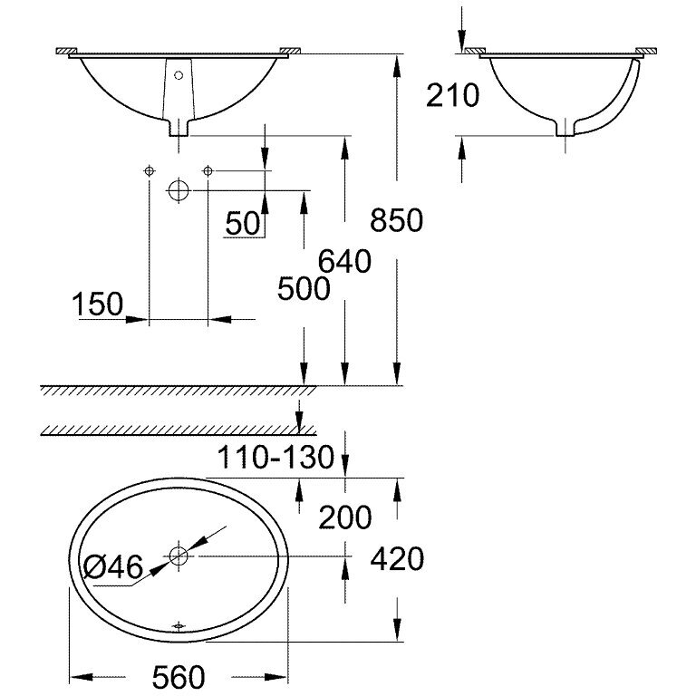 Iš apačios montuojamas Grohe UNIVERSAL praustuvas 560 x 420 mm 2