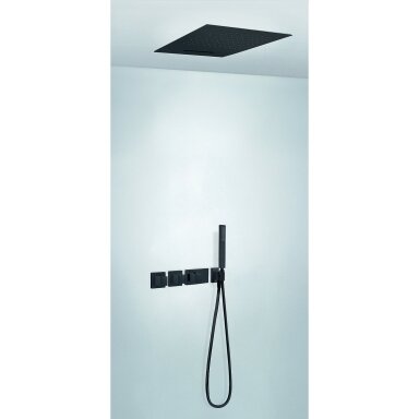 Juoda matinė potinkinė dušo sistema Tres Block System su 500x500mm lietaus galva ir kriokliu