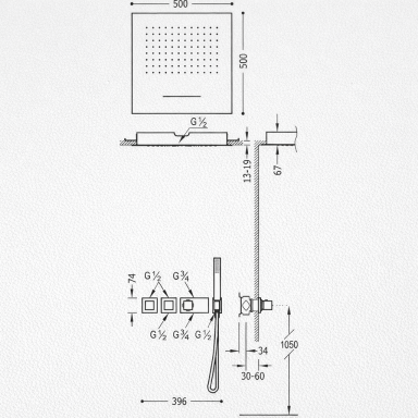 Juoda matinė potinkinė dušo sistema Tres Block System su 500x500mm lietaus galva ir kriokliu