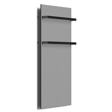 Pilkos matinės spalvos elektrinis vonios radiatorius - džiovintuvas Hybro Onyx su juodos spalvos kabyklomis 90 x 47 cm