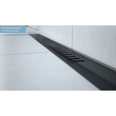 Juodos spalvos pjaustomas latakas ACO ShowerDrain S+ su Stripe tipo grotelėmis Juodos spalvos pjaustomas latakas ACO ShowerDrain S+ su Stripe tipo grotelėmis