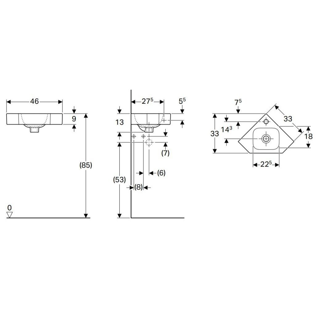 Kampinis pakabinamas praustuvas Geberit iCon 2 Kampinis pakabinamas praustuvas Geberit iCon 2