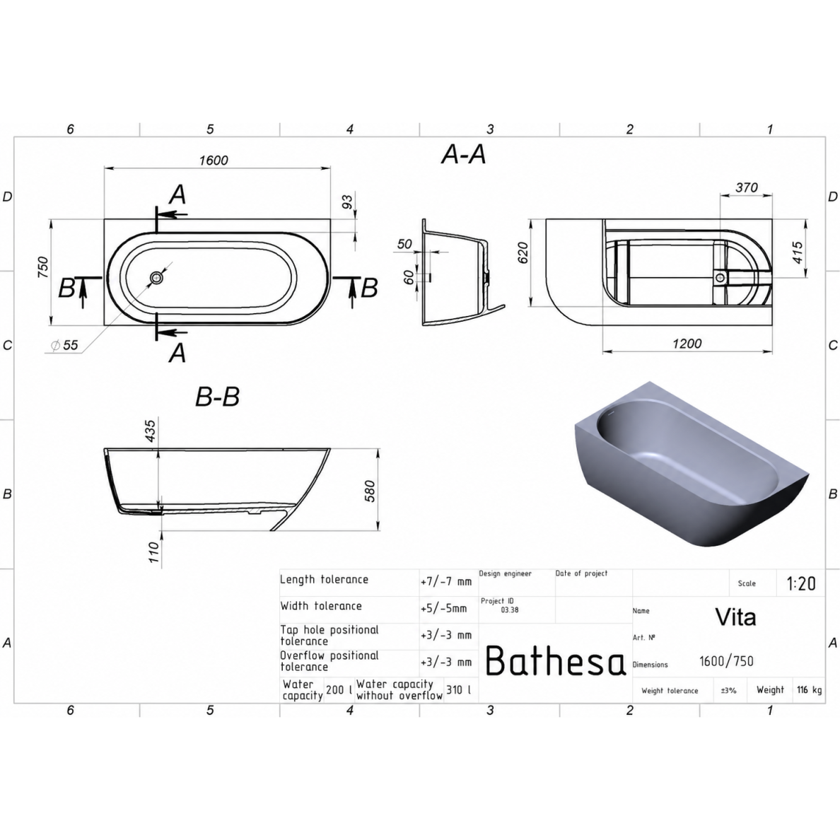 Kampinė lieto akmens vonia Bathesa Vita, dešinė 1600x750x580 mm. 7 Kampinė lieto akmens vonia Bathesa Vita, dešinė 1600x750x580 mm. 7
