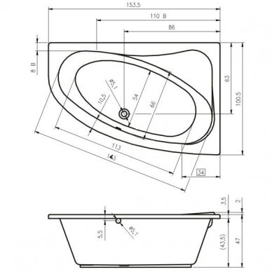 Kampinė vonia RIHO Lyra 153.5x100.5 cm. su uždengimu (kairė pusė) 1