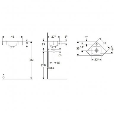Kampinis pakabinamas praustuvas Geberit iCon 2 Kampinis pakabinamas praustuvas Geberit iCon 2